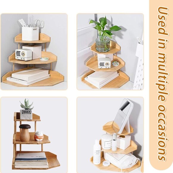 Bamboo Spice Rack Corner Shelves-3 Tier Standing Pantry Shelf - Picture 4 of 6